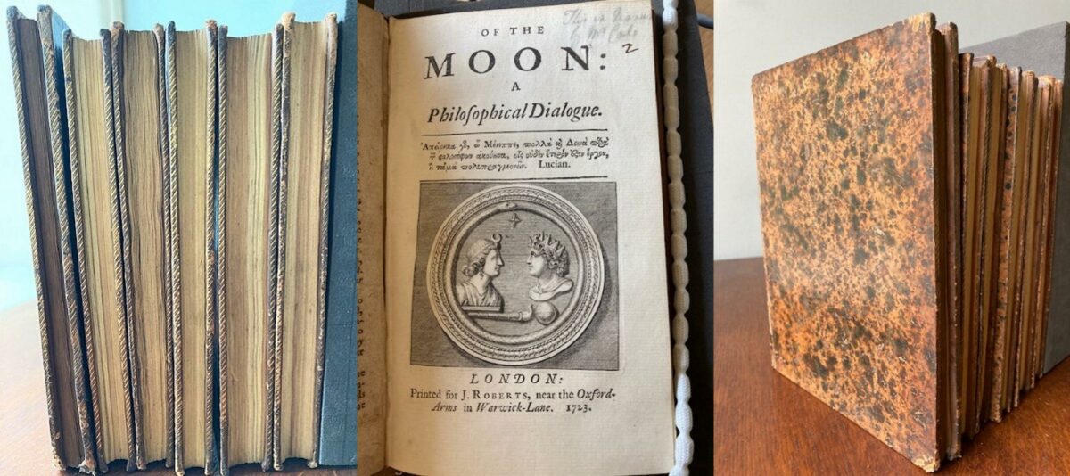 Composite image of book ends, bindings and printed title page