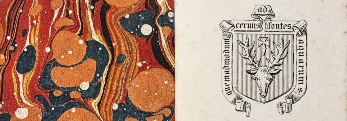 Blue and red/orange marbled end paper and detail of book plate showing Hertford College crest