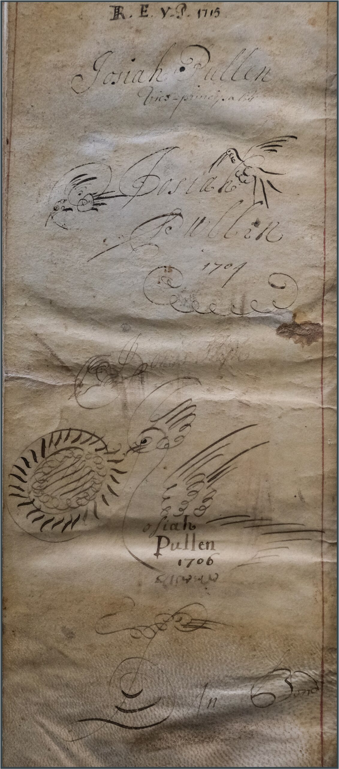Ink doodles of birds and signatures on aged parchment.