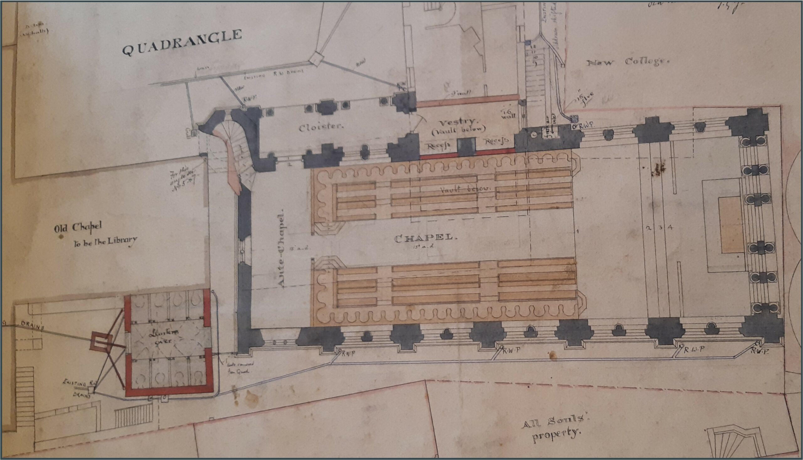 Building plans for the college in the 20th century, with the chapel pictured.
