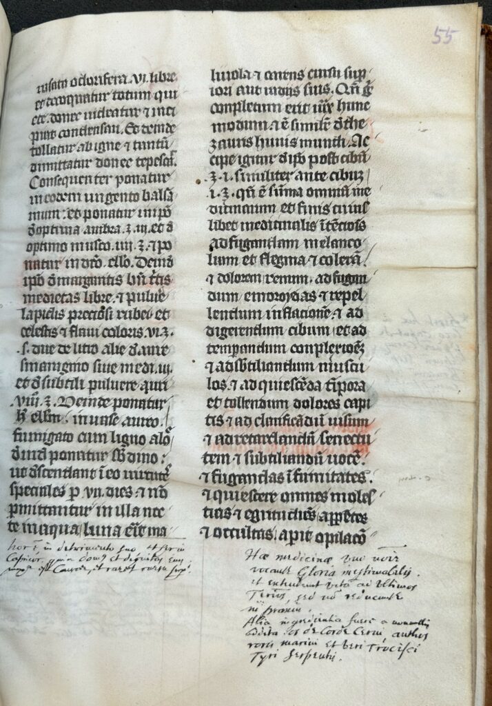 Example page with marginalia in 17th century hand at bottom