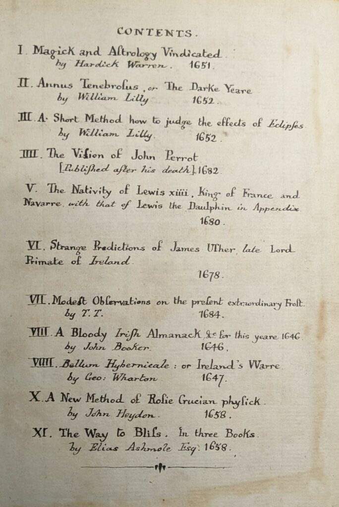 Handwritten contents list of 11 items in bound volume.