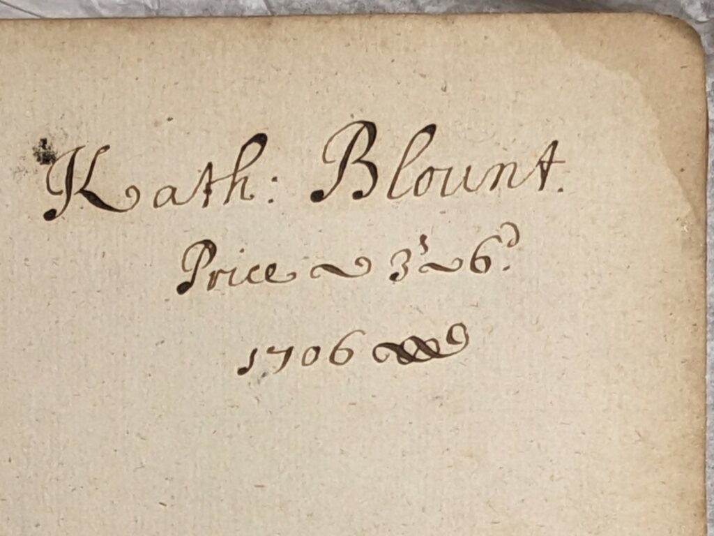 Handwritten name 'Kath: Blount, Price-3s-6d, 1706'
