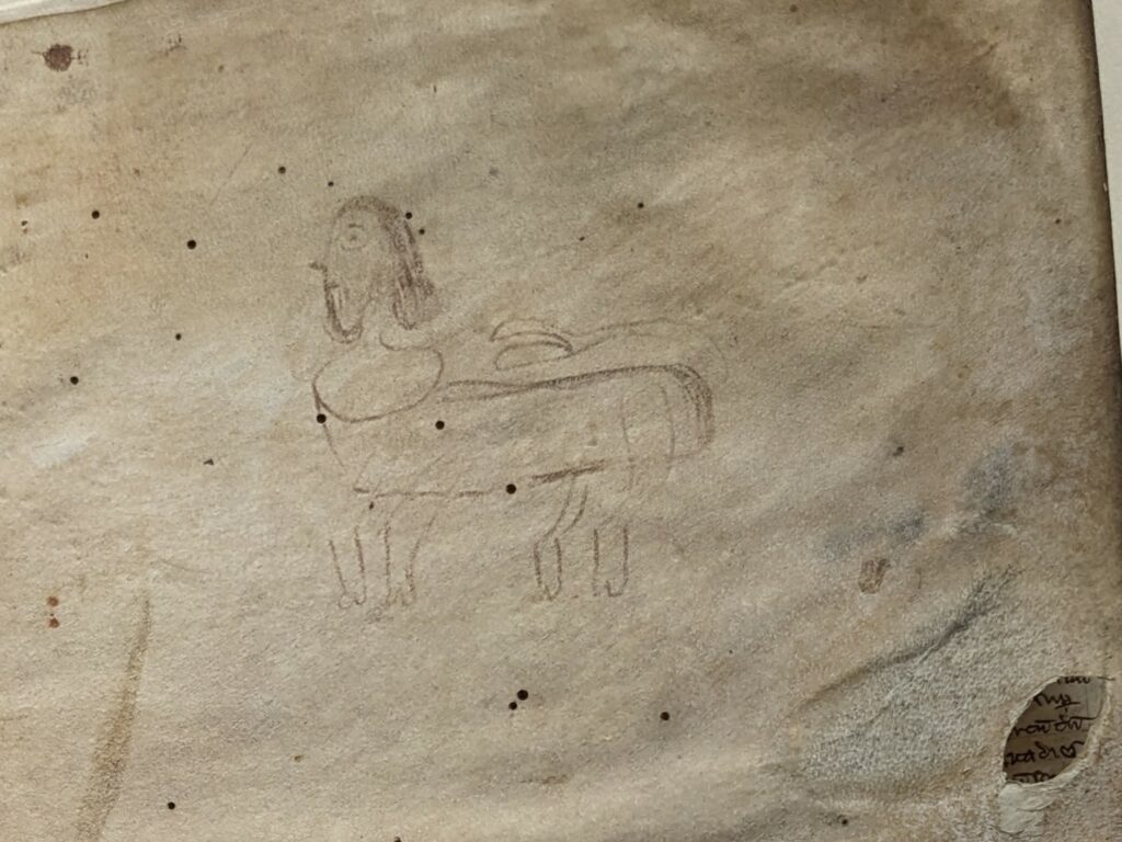 Pencil doodle of a centaur style being with human head and horse body.