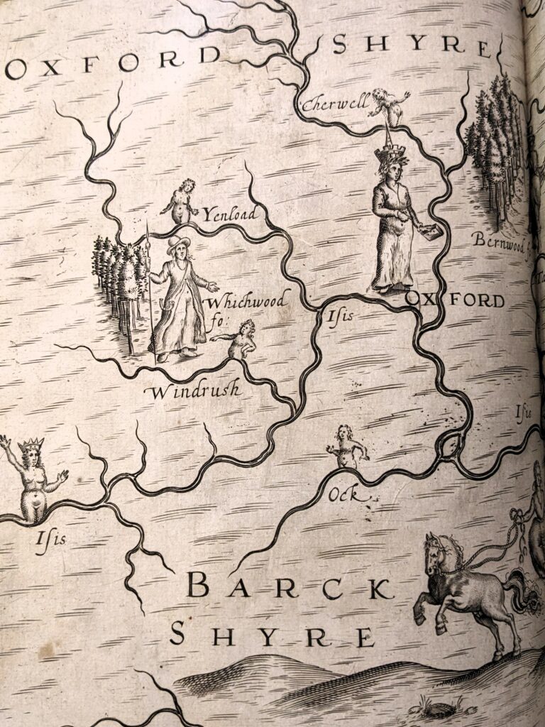 Close up of engraved image from Poly-Olbion showing part of a map of Oxfordshire. The rivers are drawn and named and accompanied by human figures.