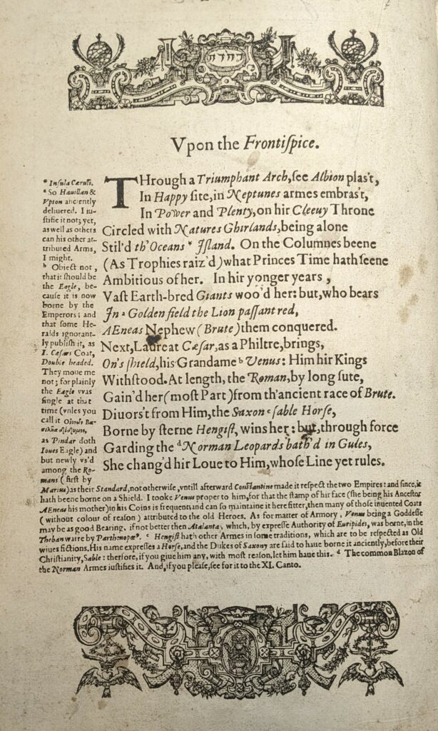 Page of Poly-Olbion with a poetic description of the illustrated frontispiece.
