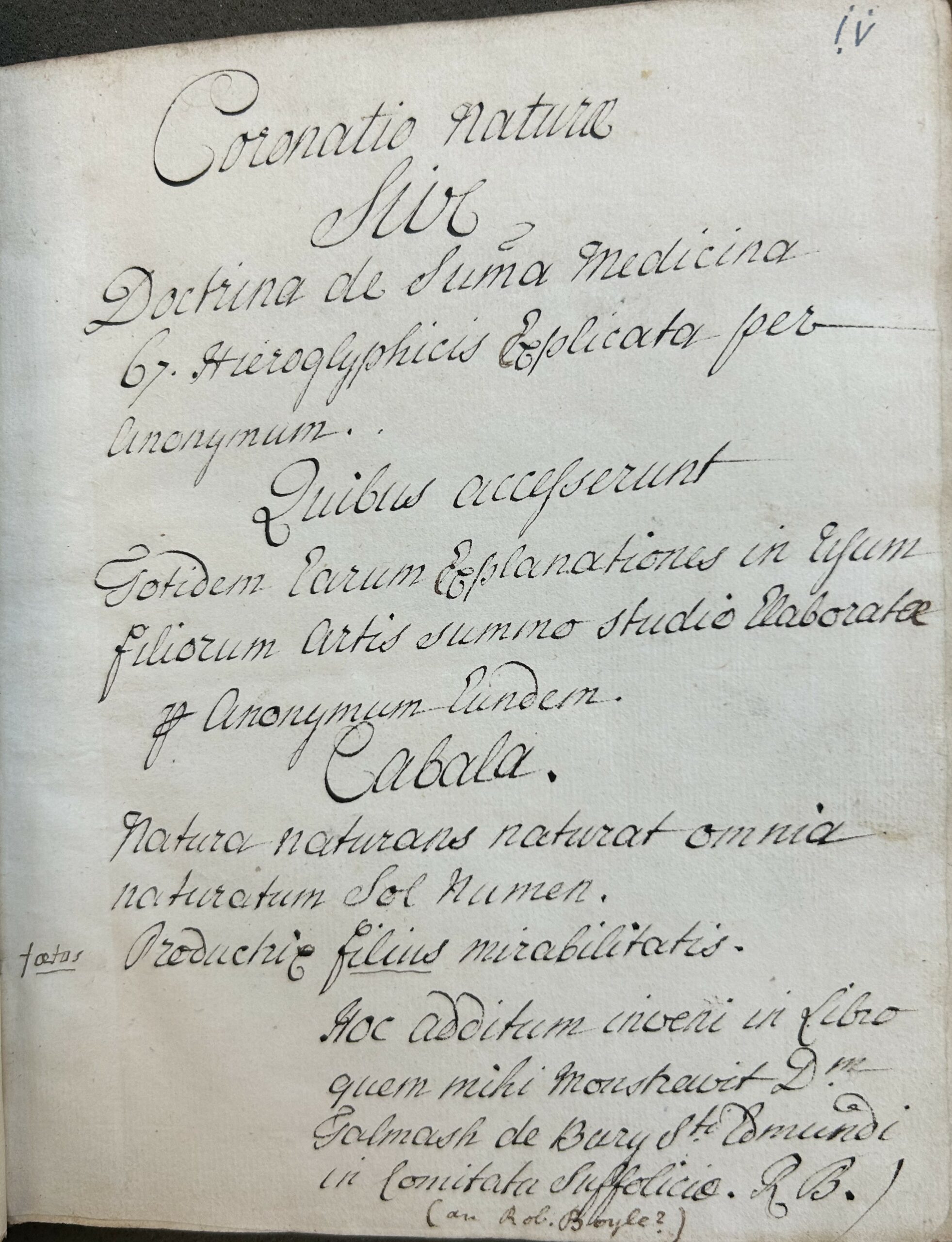 Handwritten title page in black ink beginning 'Coronation naturae / sive / doctrina de suma medicina / 67. Hieroglyphicis expliocator per / anonymum.'
