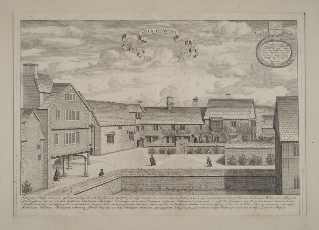 1675 print in black ink on cream paper showing linked stone buildings of two to three storeys, walled gardens and an open area with scholars in gowns walking. The image is labelled 'Aula Cervina'.