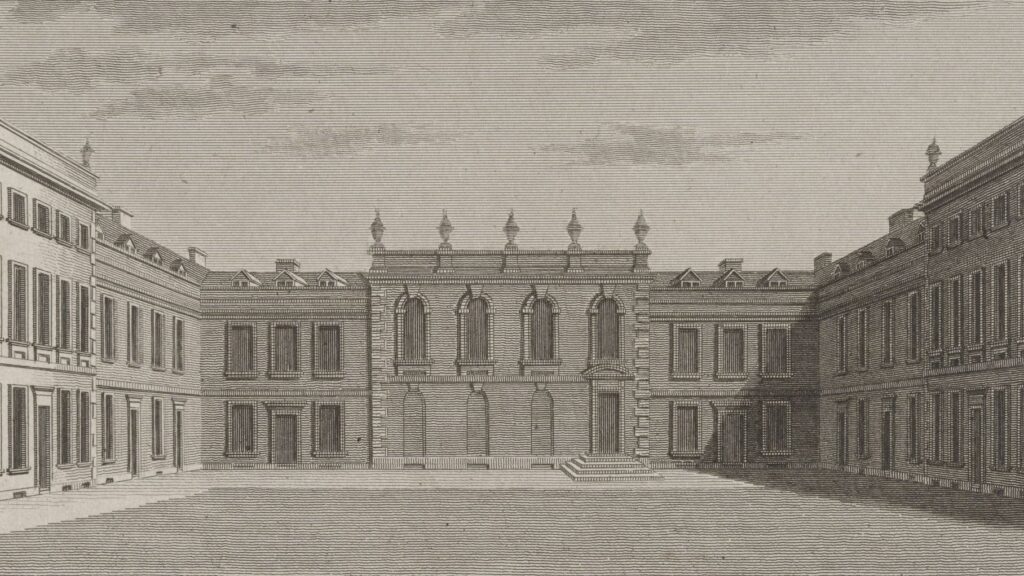 Section of a copperplate engraving print using black ink showing the detail of a design for the college. There are two wings of buildings with large rectangular windows and a central section with 4 large arched windows.
